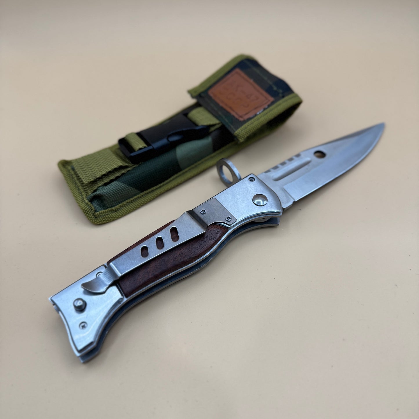 9‘’ AK 47 CCCP Pocket Knife with Slide Safety Lock，Portable Utility Folding Knives，8Cr13Mov Steel Blade and Wooden Handle, EDC Tool for Camping，Fishing，Hiking