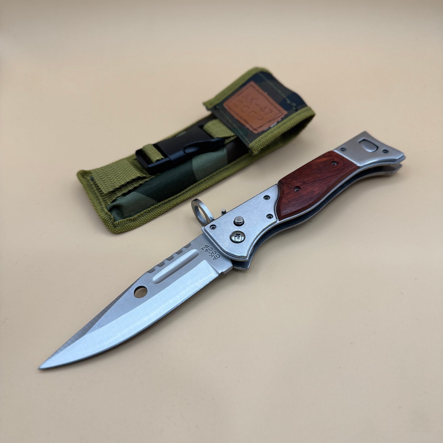 9‘’ AK 47 CCCP Pocket Knife with Slide Safety Lock，Portable Utility Folding Knives，8Cr13Mov Steel Blade and Wooden Handle, EDC Tool for Camping，Fishing，Hiking