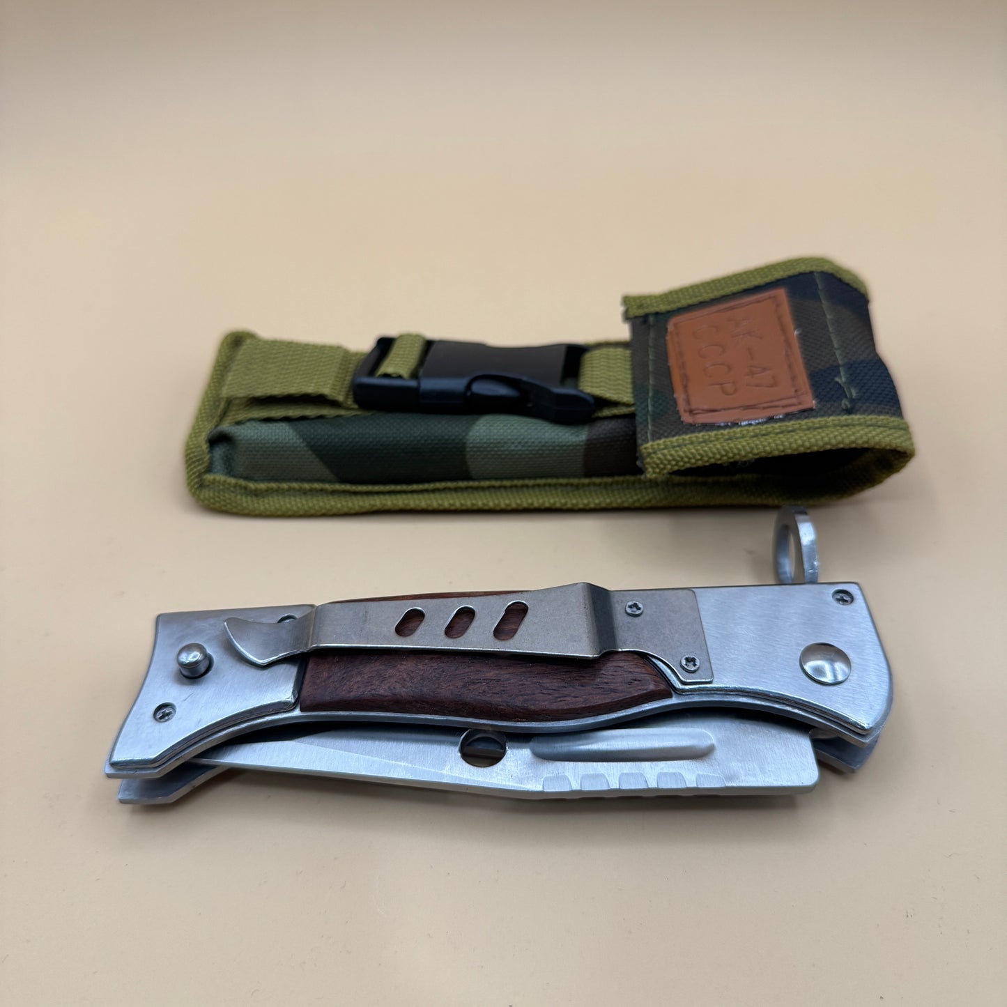 9‘’ AK 47 CCCP Pocket Knife with Slide Safety Lock，Portable Utility Folding Knives，8Cr13Mov Steel Blade and Wooden Handle, EDC Tool for Camping，Fishing，Hiking