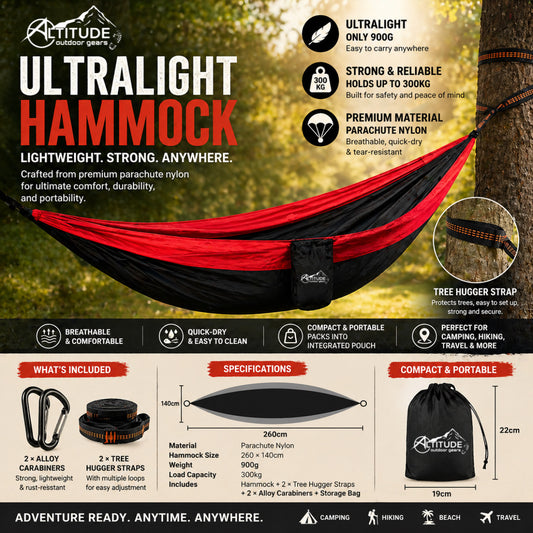 ALtitude Ultralightweight Hammock with tree strap and alloy carabiners