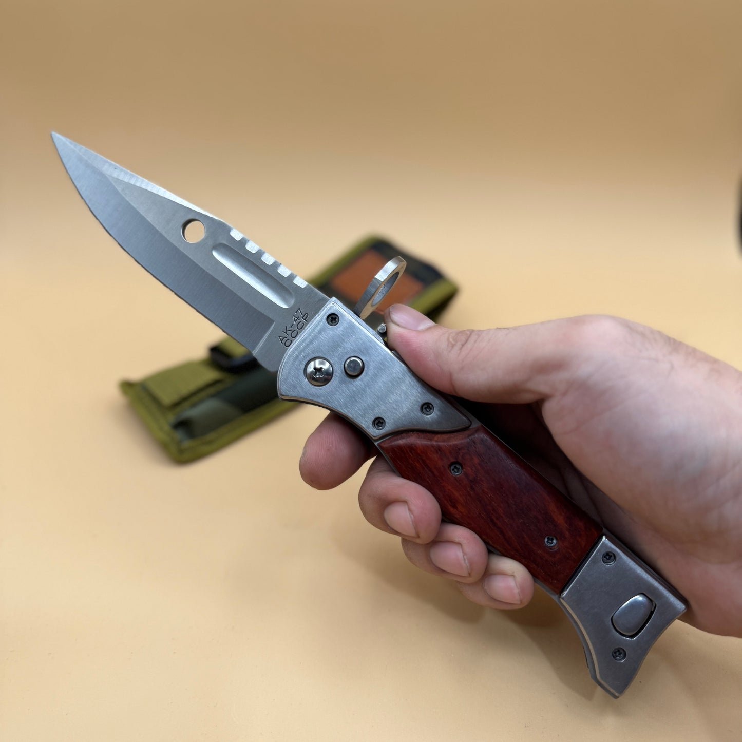 9‘’ AK 47 CCCP Pocket Knife with Slide Safety Lock，Portable Utility Folding Knives，8Cr13Mov Steel Blade and Wooden Handle, EDC Tool for Camping，Fishing，Hiking