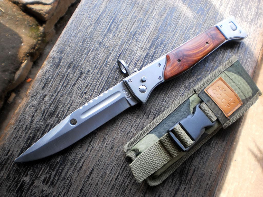 9‘’ AK 47 CCCP Pocket Knife with Slide Safety Lock，Portable Utility Folding Knives，8Cr13Mov Steel Blade and Wooden Handle, EDC Tool for Camping，Fishing，Hiking