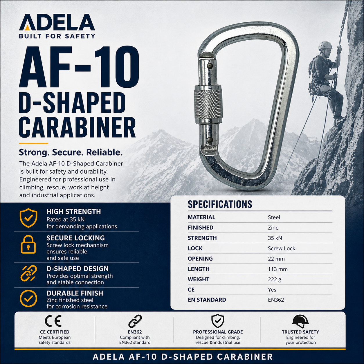 ADELA AF-10 35KN Screw-lock Pear shape steel carabiner