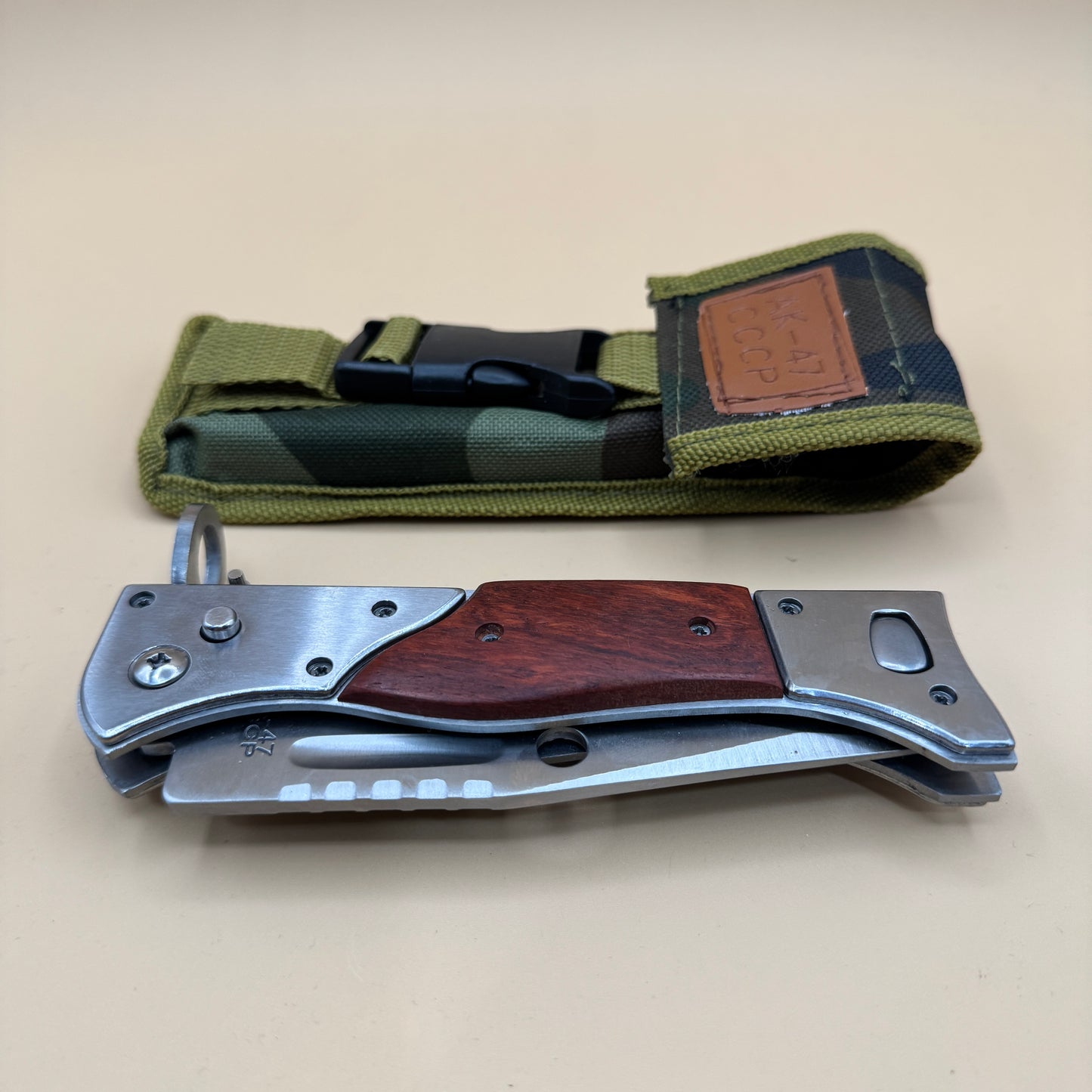 9‘’ AK 47 CCCP Pocket Knife with Slide Safety Lock，Portable Utility Folding Knives，8Cr13Mov Steel Blade and Wooden Handle, EDC Tool for Camping，Fishing，Hiking