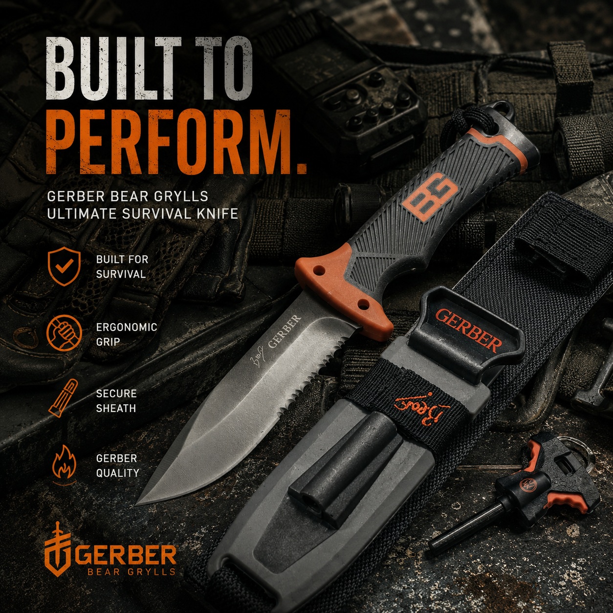 GERBER ULTIMATE FIXED BLADE KNIFE WITH SHEATH WHISTLE FIRE STARTER SHARPENER