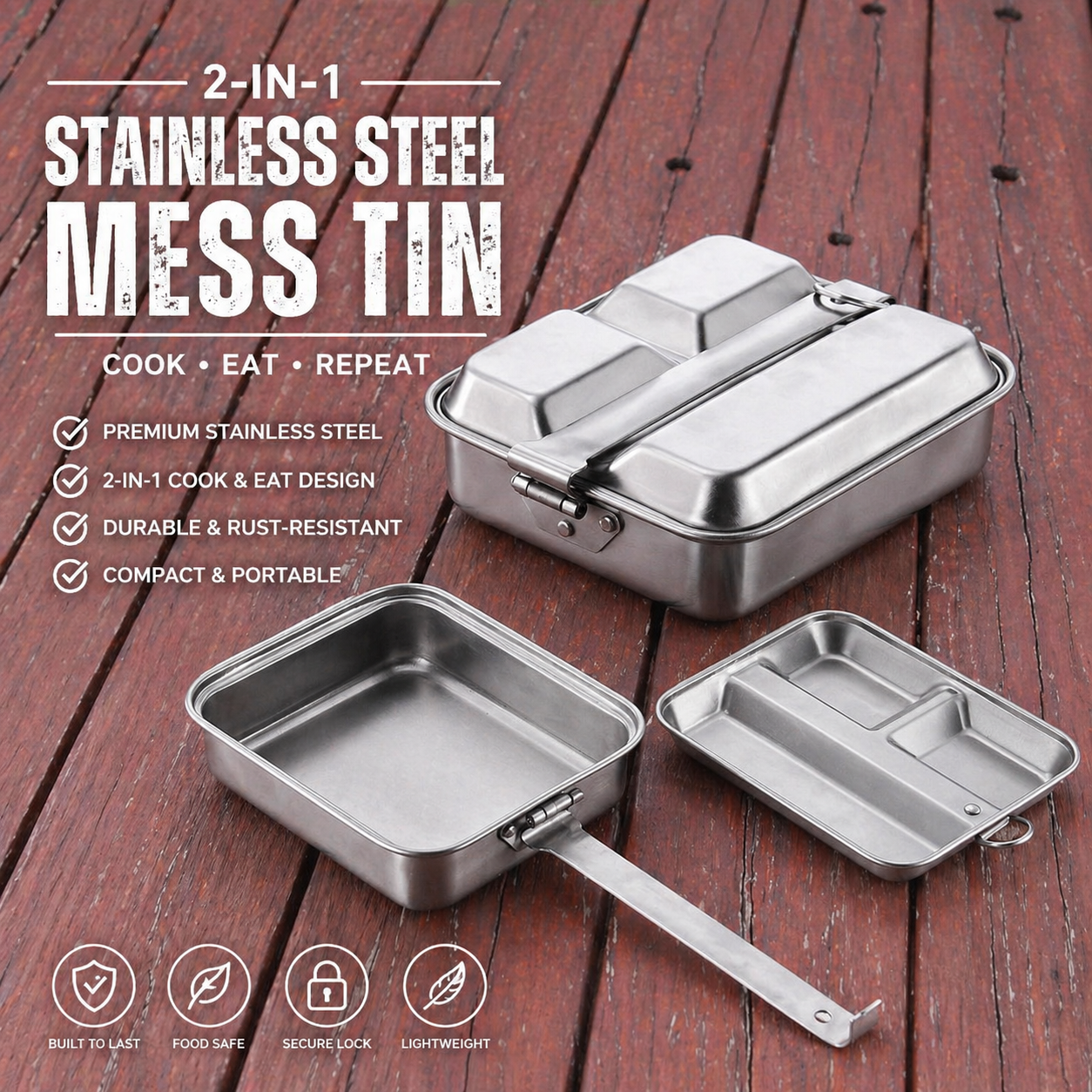 square "stainless steel" three compartment lunch box