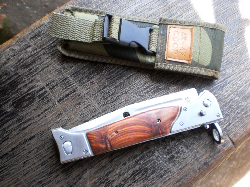9‘’ AK 47 CCCP Pocket Knife with Slide Safety Lock，Portable Utility Folding Knives，8Cr13Mov Steel Blade and Wooden Handle, EDC Tool for Camping，Fishing，Hiking