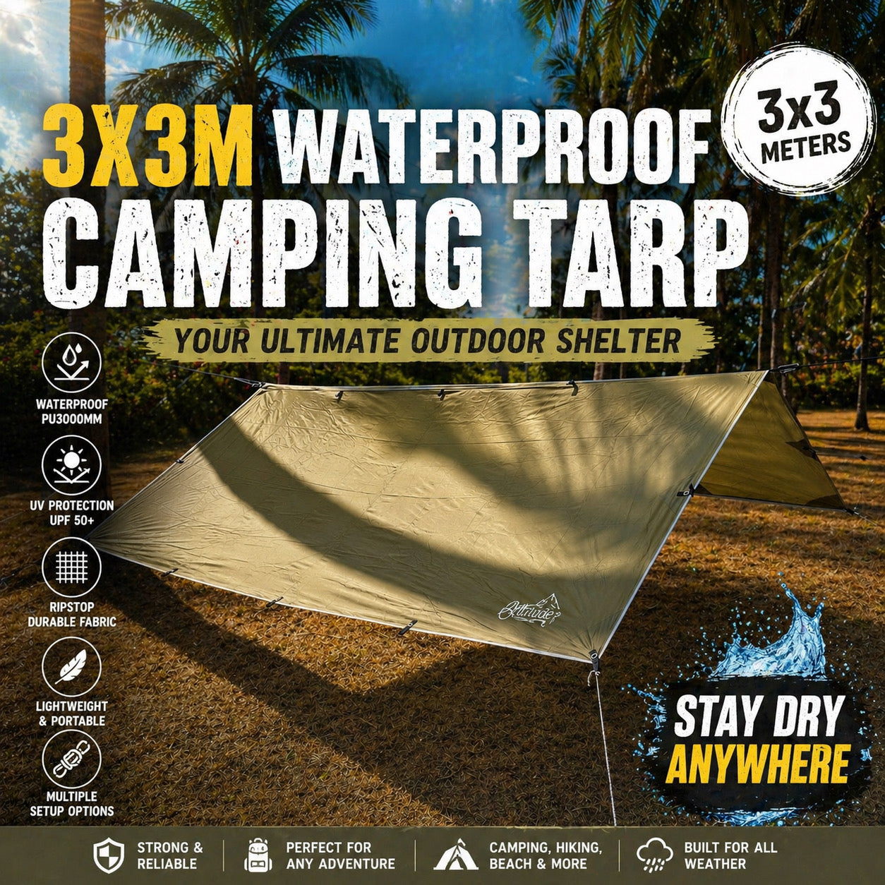 Altitude 3x3 waterproof Camping Tarp PU3000mm 210T polyester Ripstop
