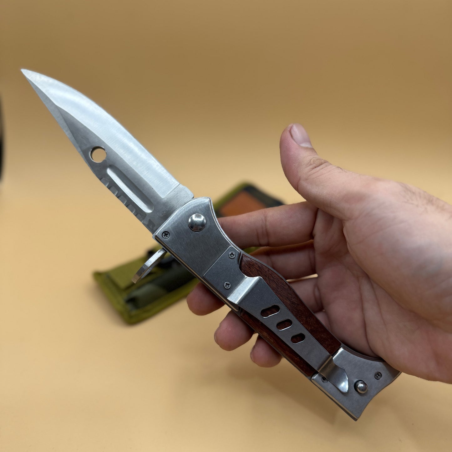9‘’ AK 47 CCCP Pocket Knife with Slide Safety Lock，Portable Utility Folding Knives，8Cr13Mov Steel Blade and Wooden Handle, EDC Tool for Camping，Fishing，Hiking